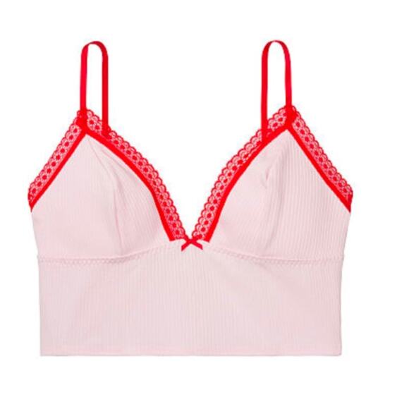 Victoria’s Secret Cropped Cami Bralette Lace Trim Plunge V-Neck Pink Red Medium - Picture 1 of 5
